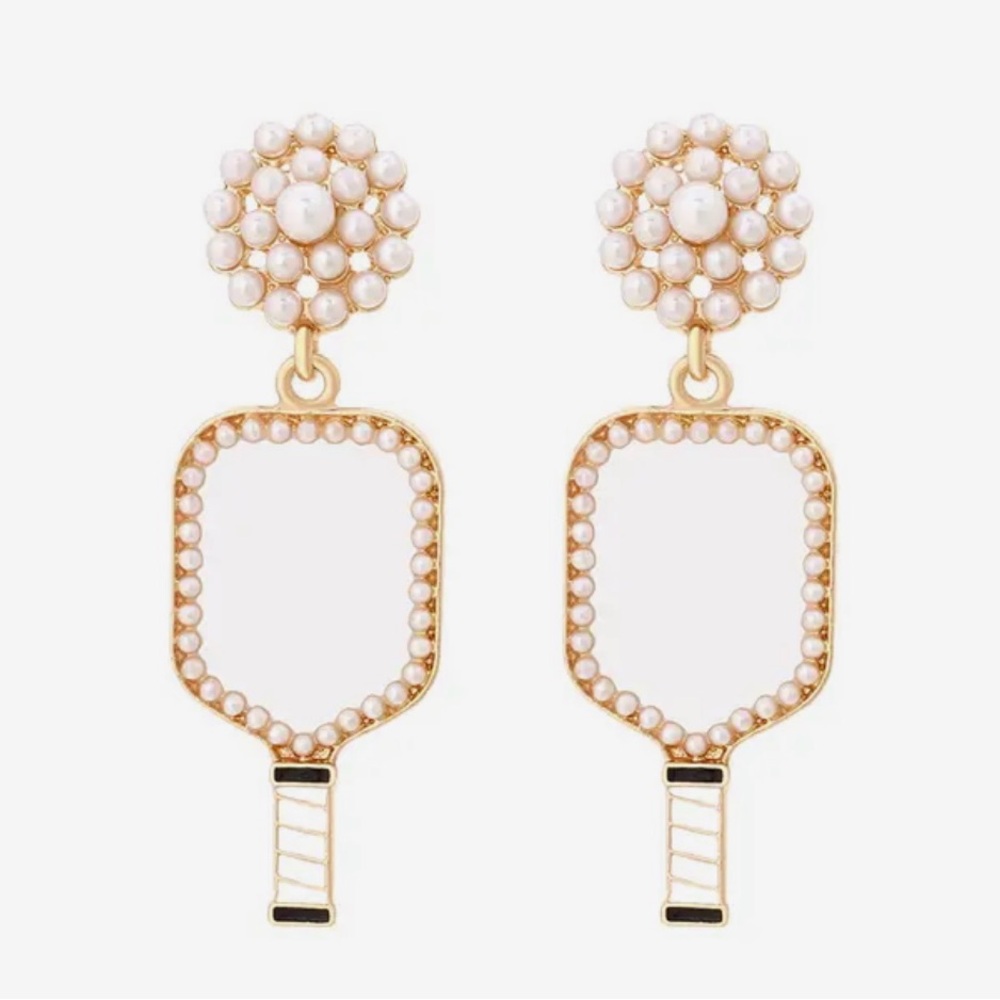Pickleball white pearl dangle earrings new